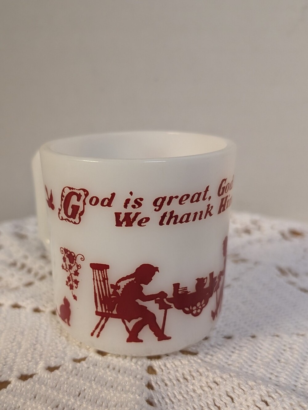 Vintage Hazel Atlas White Milk Glass Cup God Is Great God Is Good Retro Mug